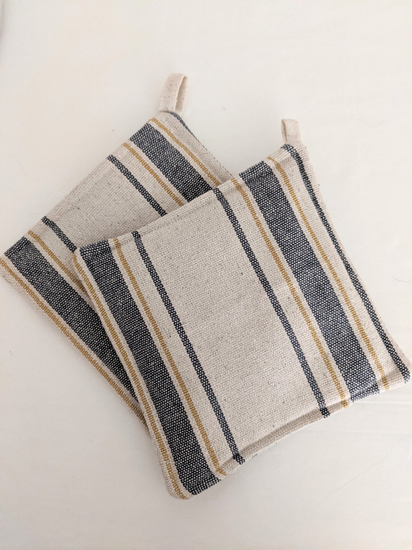 Blue and Gold Feedsack Potholder, Set of 2, Grainsack