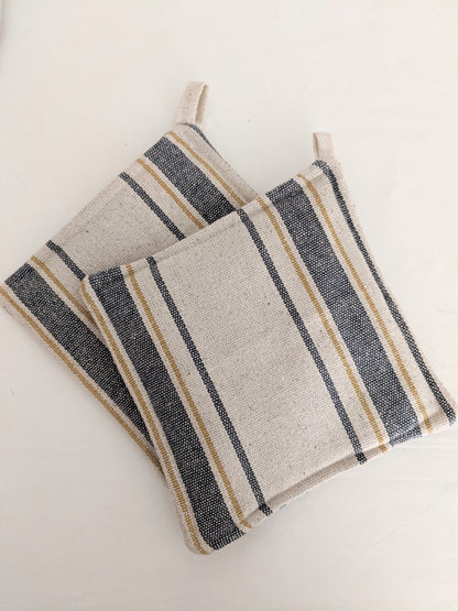 Blue and Gold Feedsack Potholder, Set of 2, Grainsack