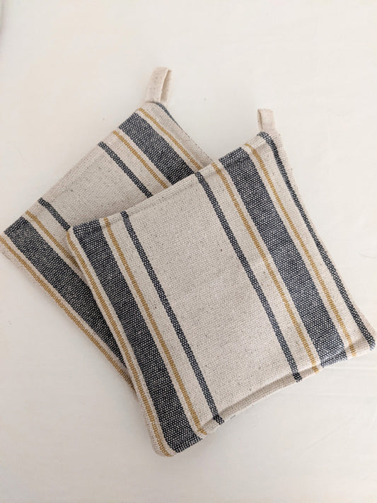 Blue and Gold Feedsack Potholder, Set of 2, Grainsack