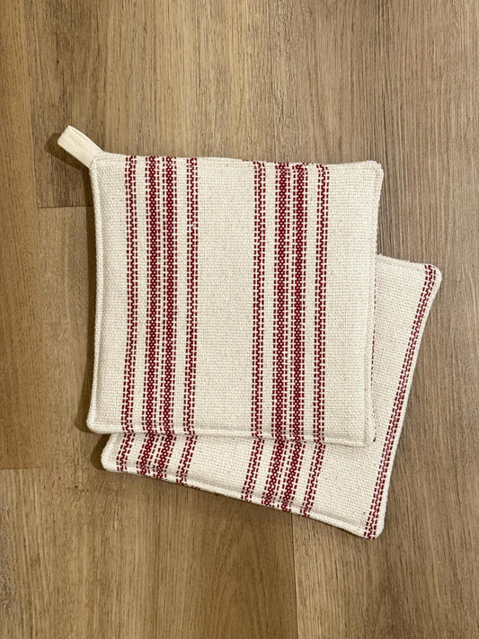 Red 12 Stripe Feedsack Potholder, Set of 2, Grainsack
